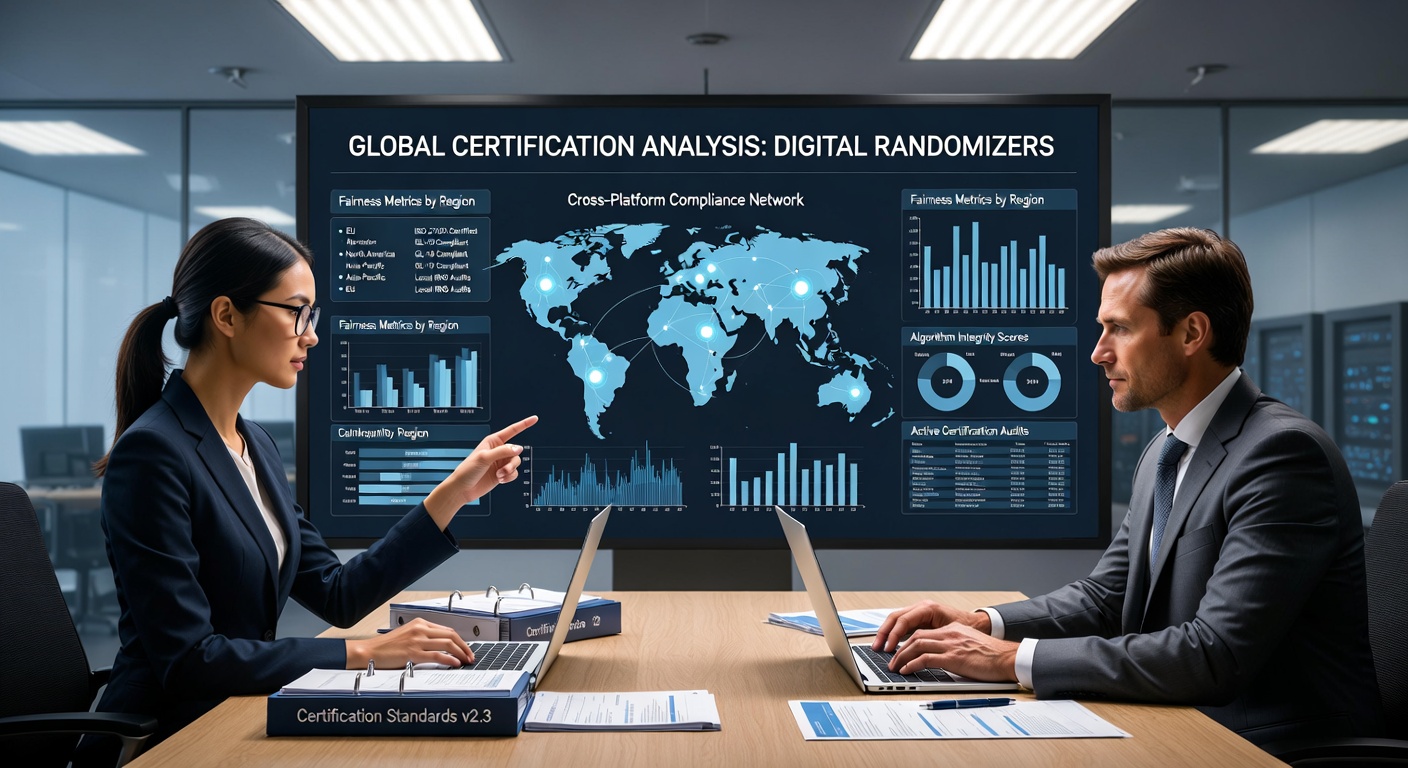 Technical setup showing RNG testing equipment and certification documents for digital gaming platforms