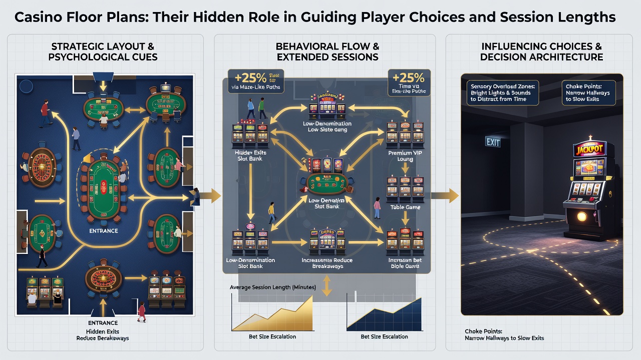 Close-up of casino interior featuring winding pathways between gaming zones, strategic lighting, and player movement patterns
