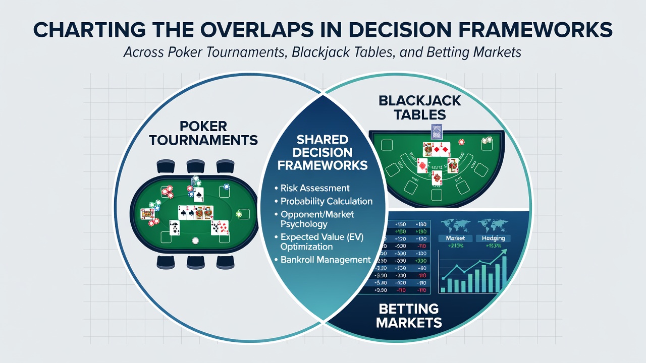 Visual breakdown of decision overlaps between poker, blackjack, and betting markets showing shared elements like expected value calculations and risk assessment