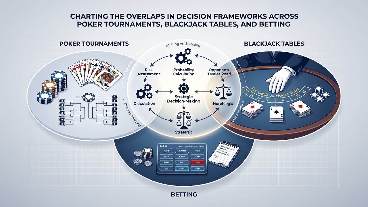 Infographic comparing risk management models used in poker MTTs, blackjack sessions, and sports betting markets