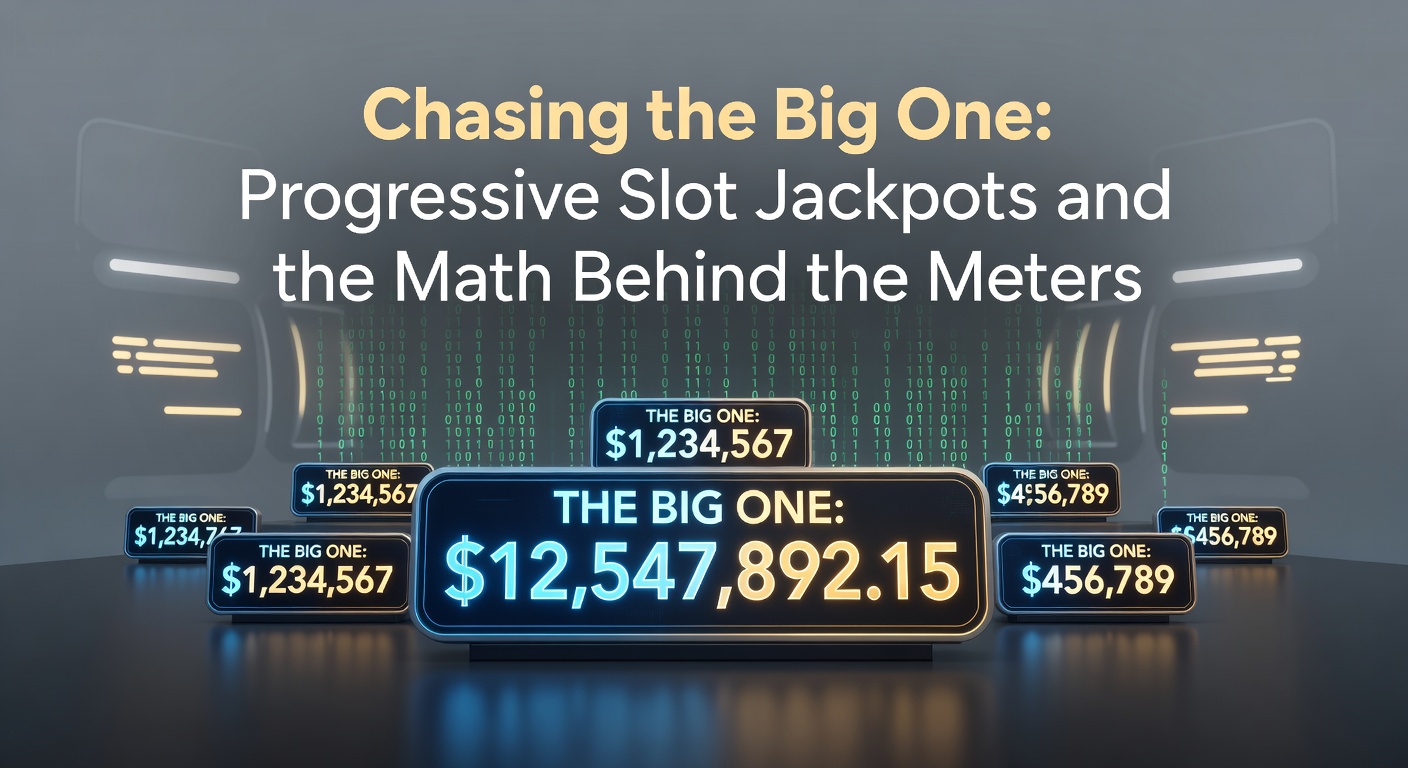 Vibrant slot machine display showing a climbing progressive jackpot meter with flashing lights and jackpot amounts in the millions