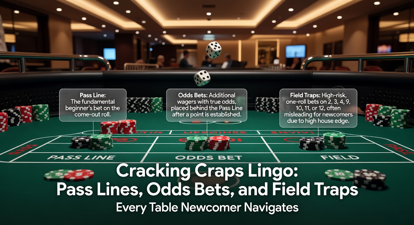 Vibrant craps table with chips stacked on pass line and field bets, dice mid-roll under casino lights