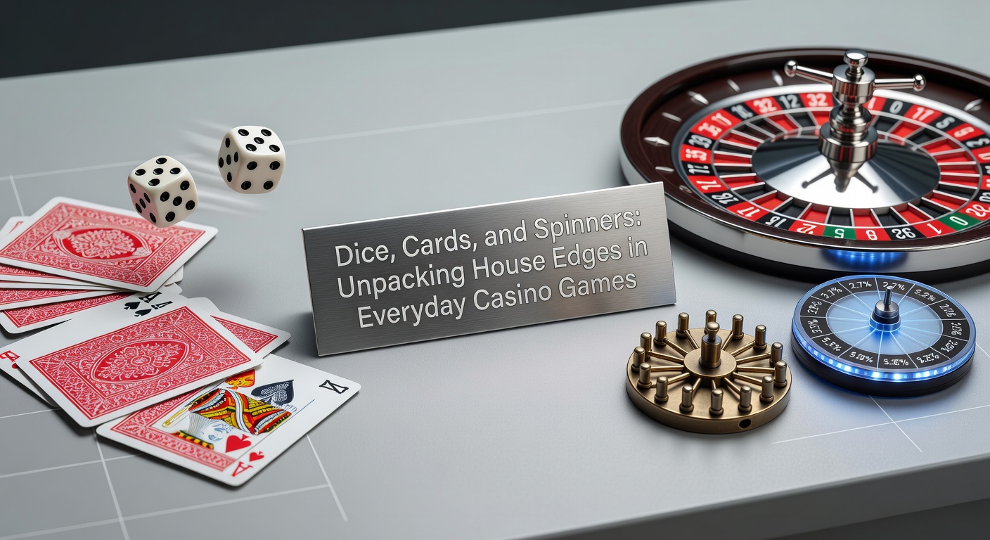 Classic casino table setup featuring dice, playing cards, and a roulette wheel, illustrating common games where house edges play out