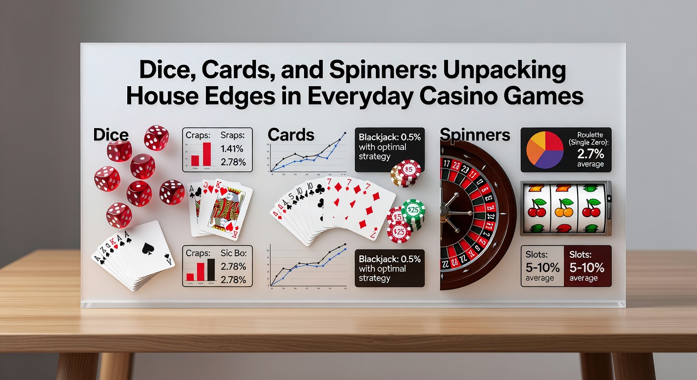 Close-up of a blackjack hand with cards fanned out alongside a craps dice roll and roulette spinner, highlighting key elements of house edge calculations