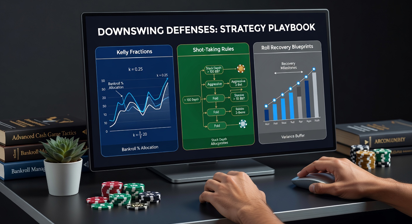 Poker player analyzing charts at a desk with graphs showing bankroll fluctuations and Kelly criterion calculations
