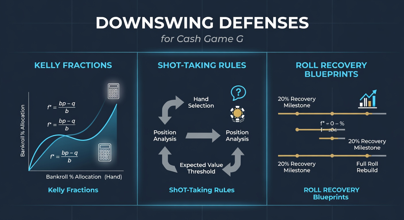 Graph depicting bankroll recovery curves post-downswing, with Kelly fraction lines and shot-taking decision trees overlaid on poker table imagery