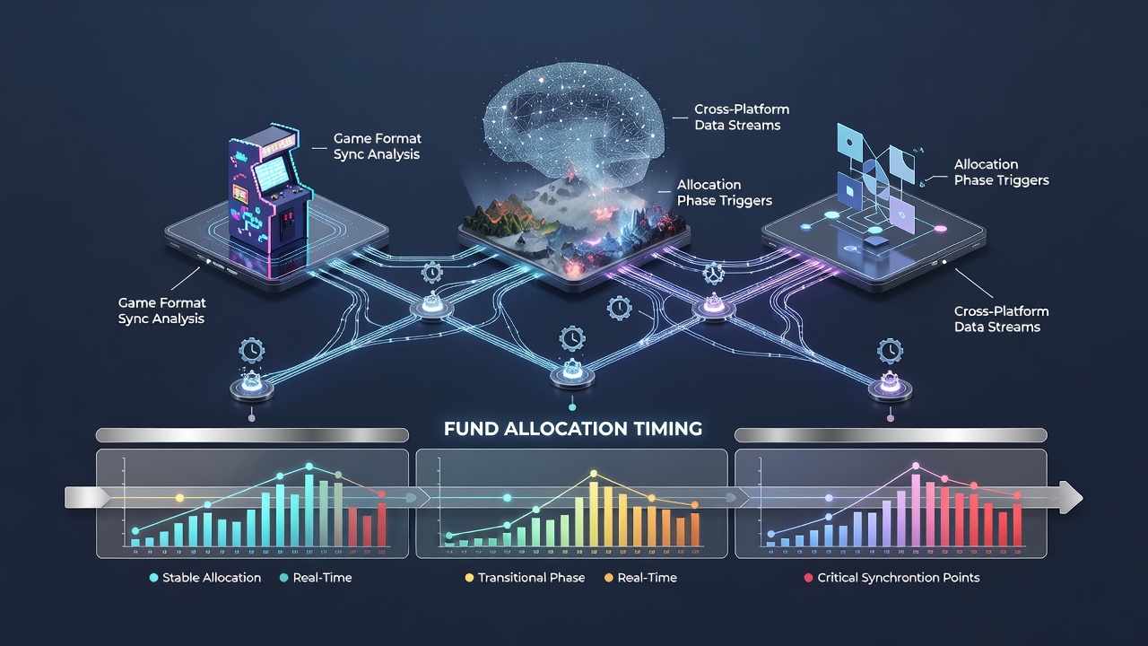 Visualization of synchronized betting patterns across slots, table games, and sports wagering platforms with fund flow timelines