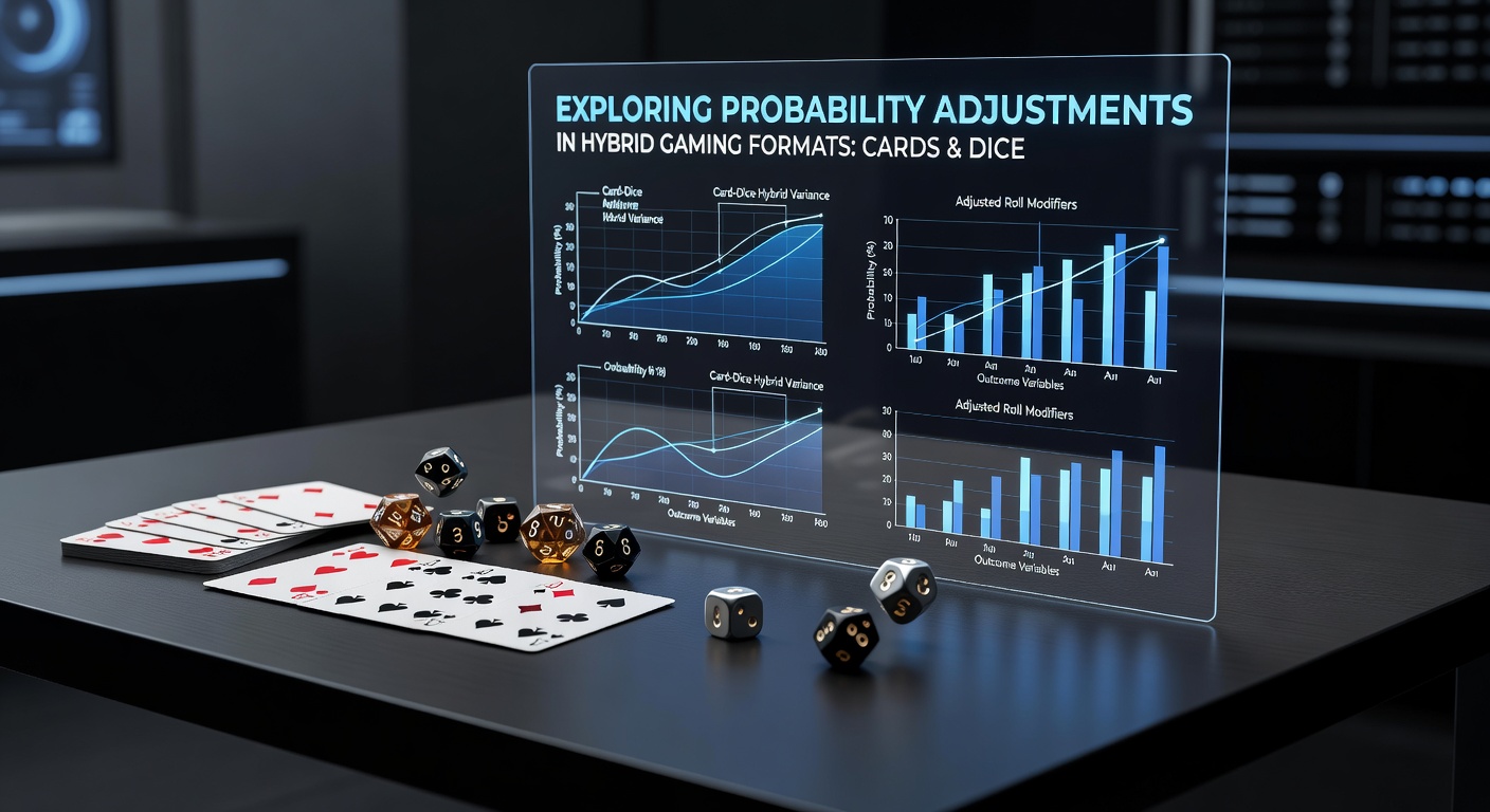 Illustration of hybrid card and dice gaming setup with probability charts overlaid on a table