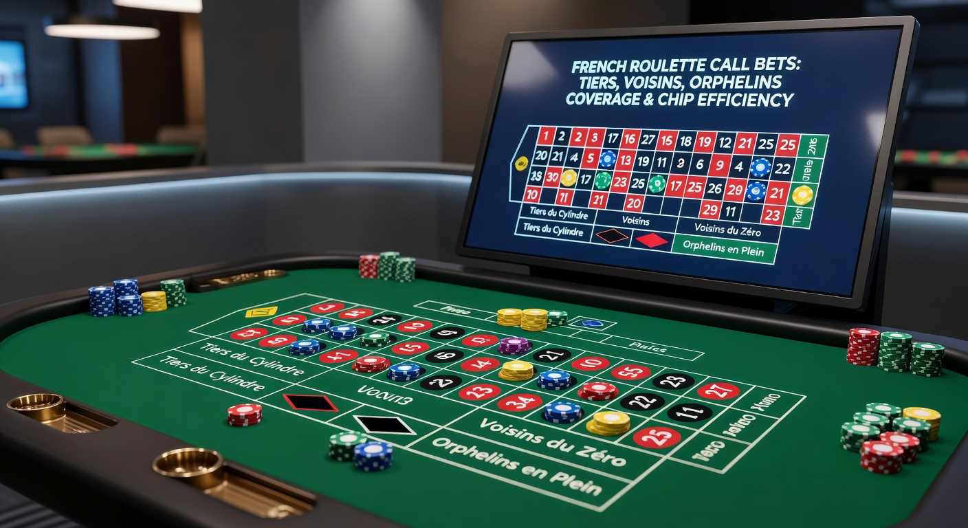Close-up of roulette racetrack panel displaying call bet options like Tiers, Voisins, and Orphelins with chip value indicators