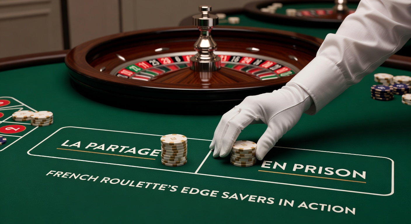 Close-up of a French Roulette table featuring the La Partage rule announcement, with chips on even-money bets