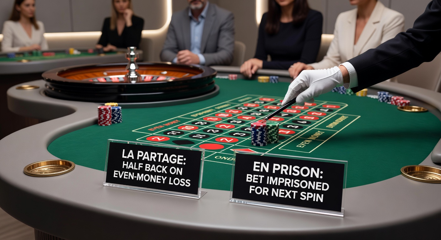 Animated diagram showing an En Prison bet locked on the roulette table during a zero outcome, with the wheel spinning for redemption