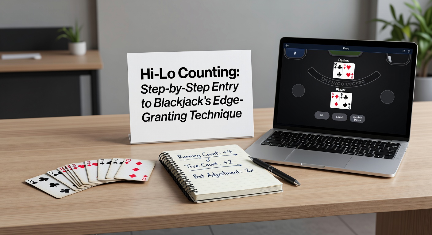 Visual chart breaking down Hi-Lo card values with examples of running counts on a blackjack shoe