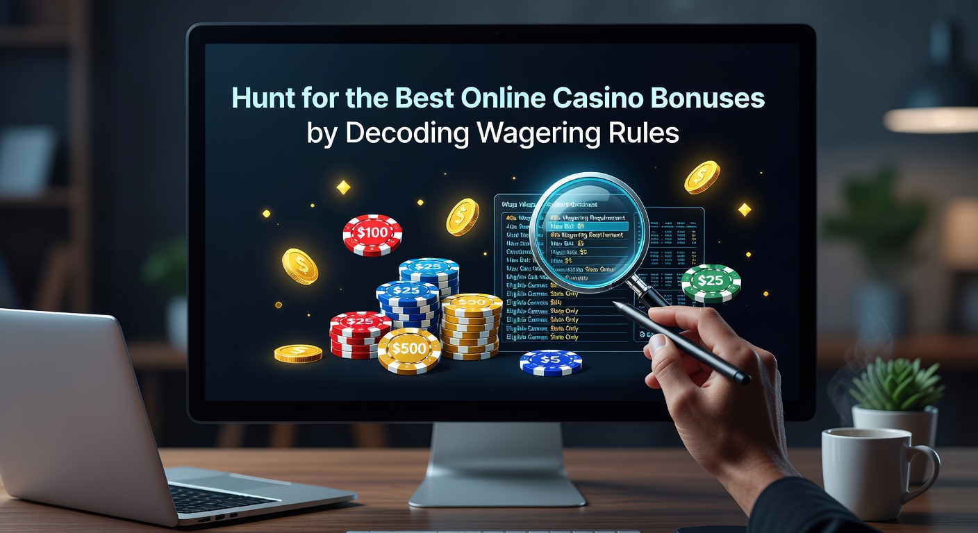 Vibrant graphic showing casino chips, bonus icons, and a magnifying glass over wagering terms, symbolizing the search for optimal deals