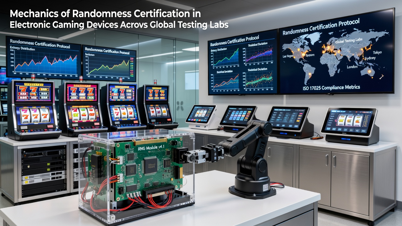 Technician analyzing RNG output data on multiple monitors inside a certified gaming laboratory