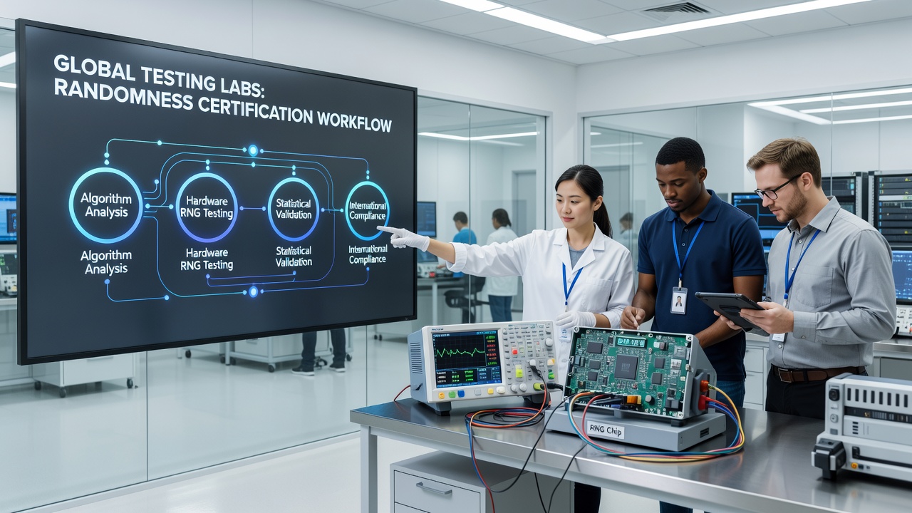RNG certification report documents and hardware test rigs arranged on a laboratory workbench