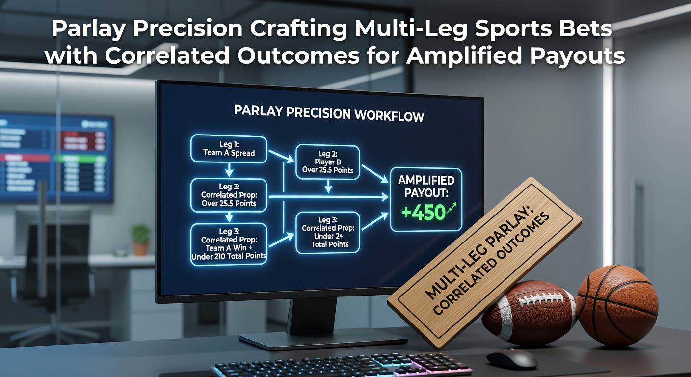 Digital visualization of a sports betting parlay slip highlighting interconnected legs with arrows showing correlations between outcomes, evoking precision strategy in wagering