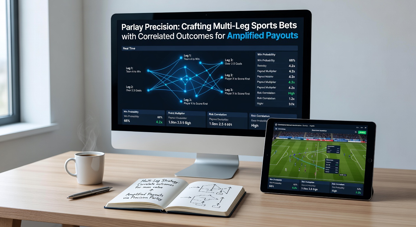 Screenshot-style graphic of a same-game parlay bet on NFL football, displaying legs like quarterback passing yards over, receiver touchdowns, and team total points, with glowing lines illustrating outcome correlations