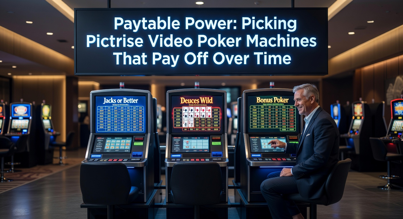 Close-up of a video poker machine screen displaying a royal flush payout on a full-pay paytable, highlighting high-return hands like four aces and straight flushes