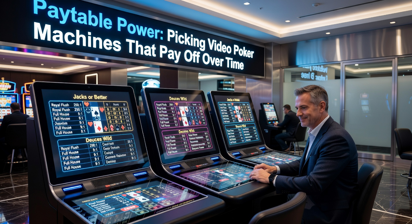 Player at a bustling casino bar examining video poker paytables on multiple machines, comparing payouts for full houses and flushes side-by-side