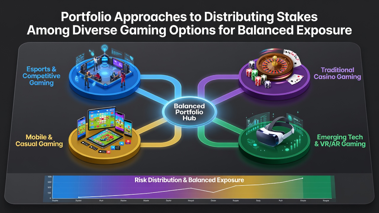 Illustration showing diversified allocation across slot machines, table games, and sports betting interfaces