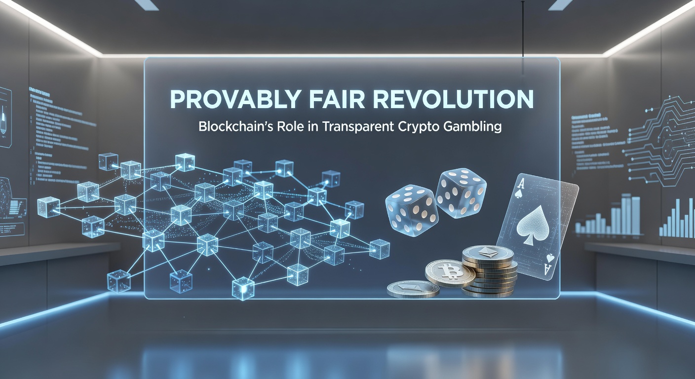 Digital visualization of blockchain nodes connecting to casino dice and cards, symbolizing transparent gambling mechanics