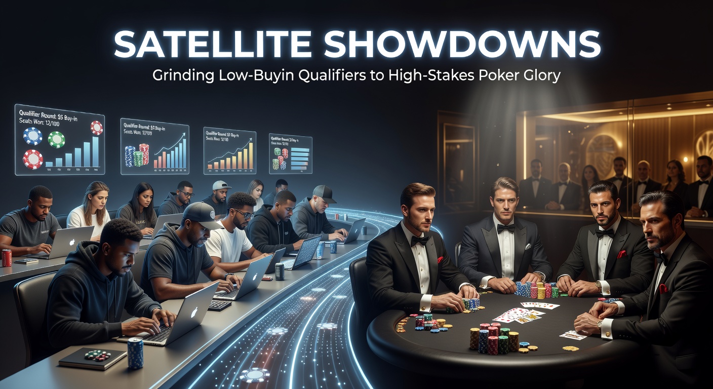 Intense poker players huddled around a satellite tournament table, chips stacked high amid tense showdowns