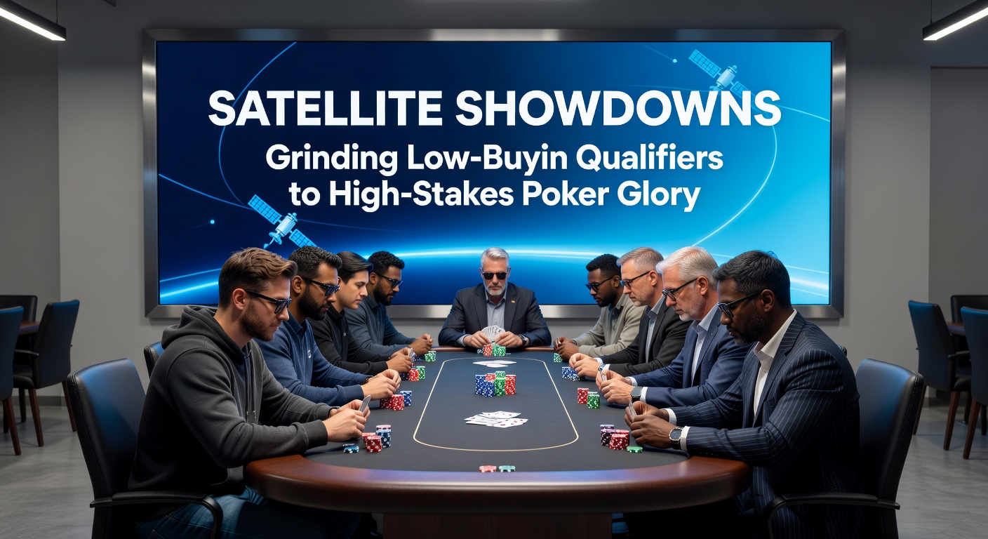 Grinders multi-tabling online poker satellites on multiple screens, charts and HUDs overlaying the action