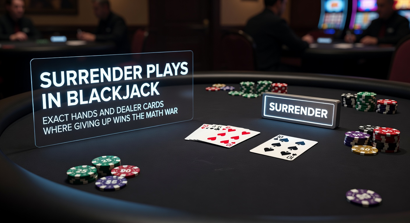 Blackjack table showing surrender chip placement next to player hand against dealer upcard