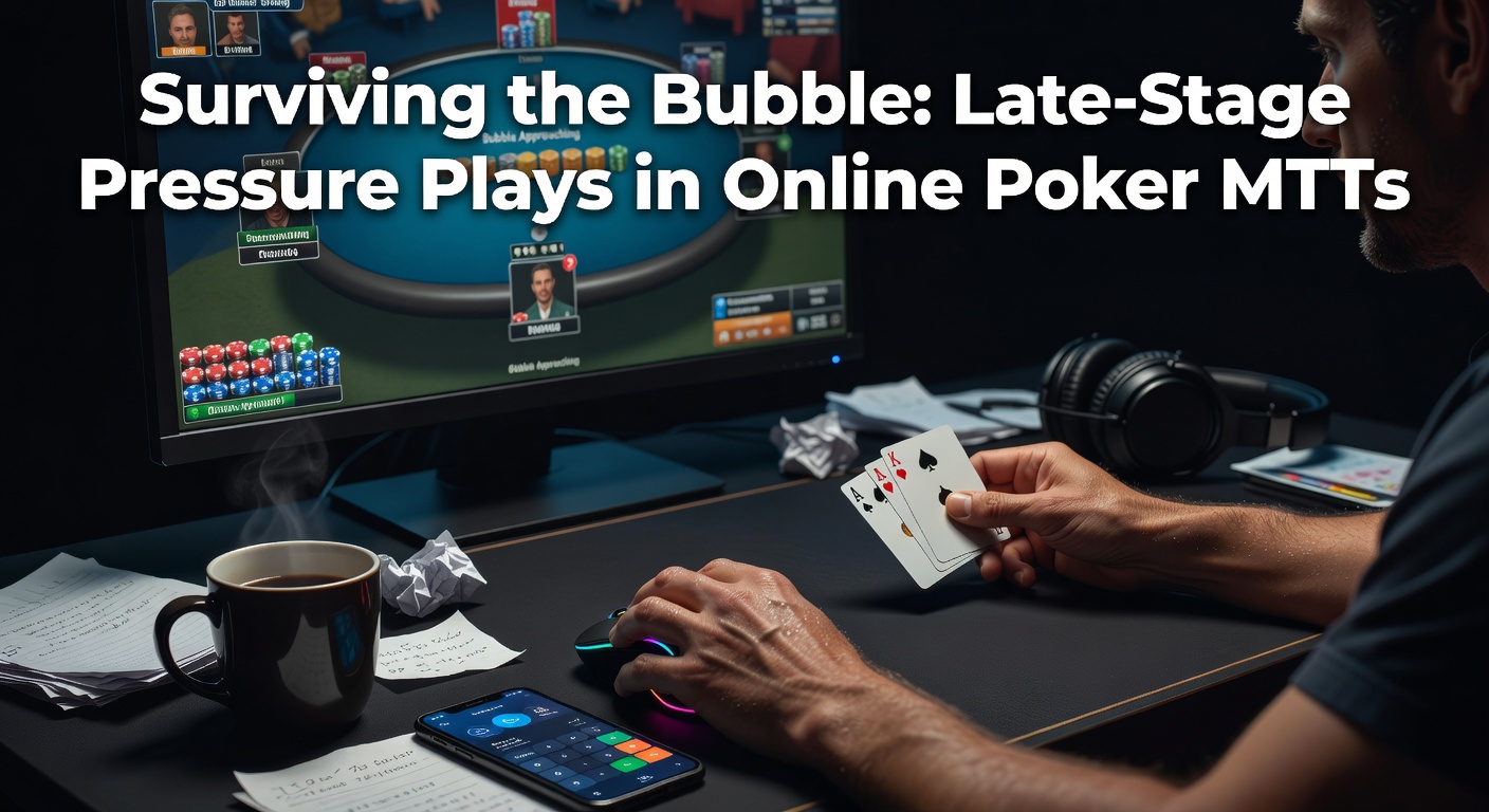 Online poker players intensely focused during a tense multi-table tournament bubble phase, stacks varying widely as the pay jump looms