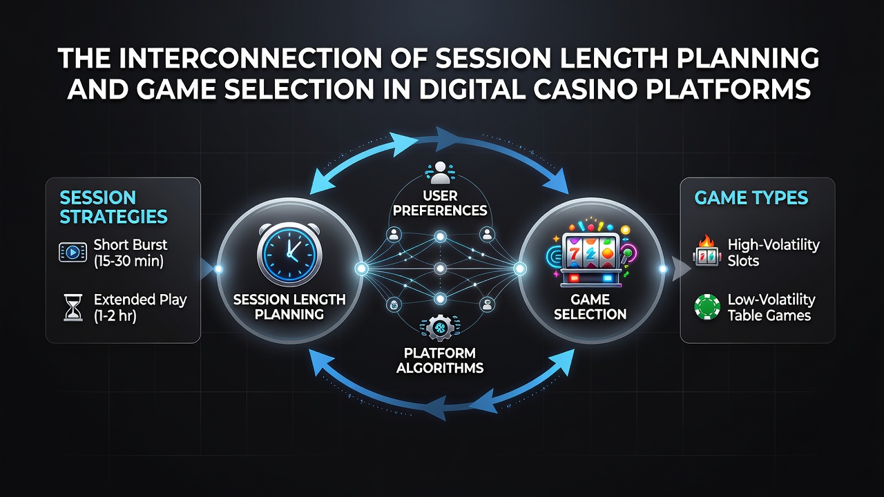 Digital casino interface showing session timers and game categories side by side