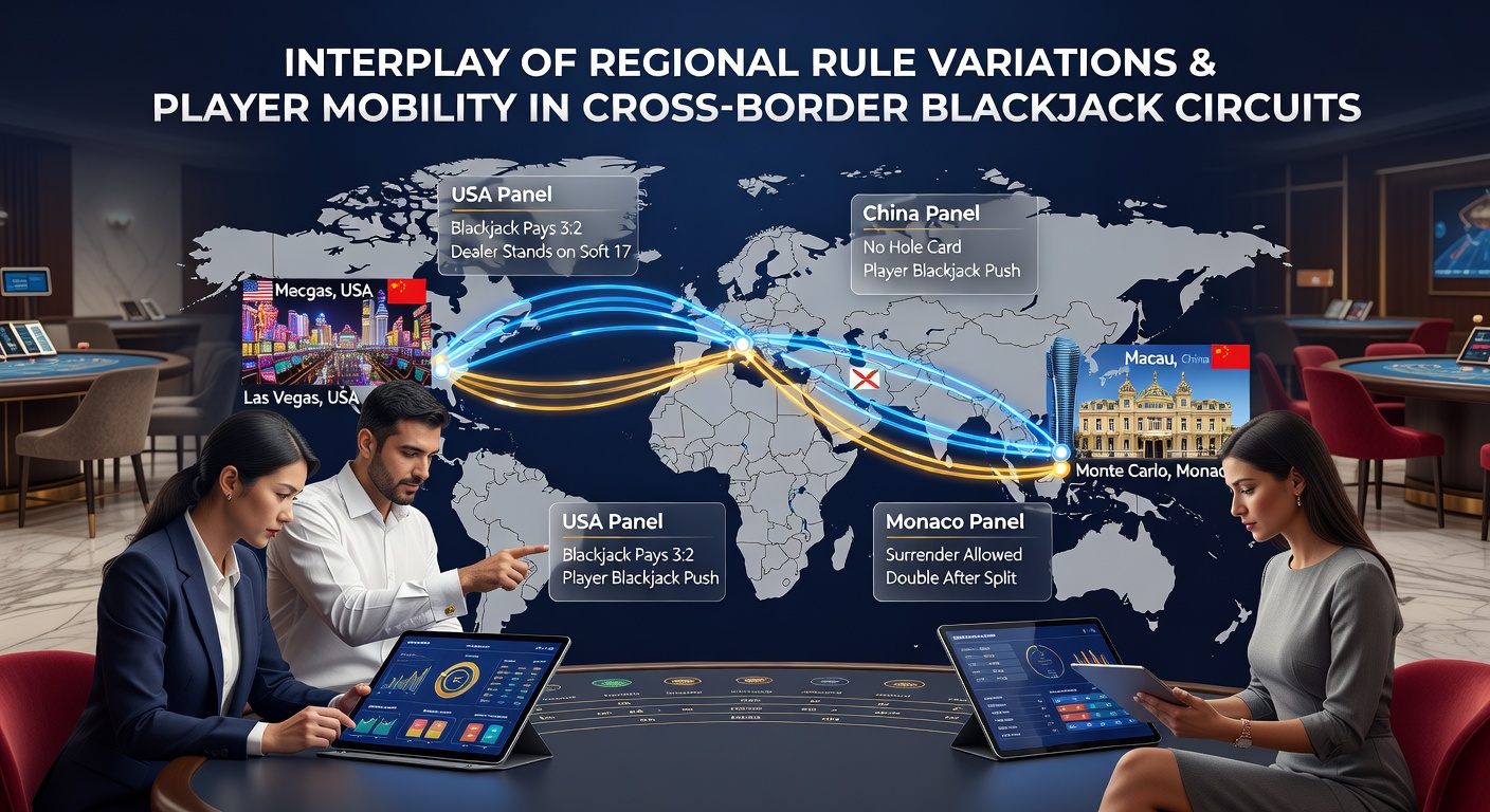 Map overlay highlighting international casino locations connected by player travel routes with blackjack table icons